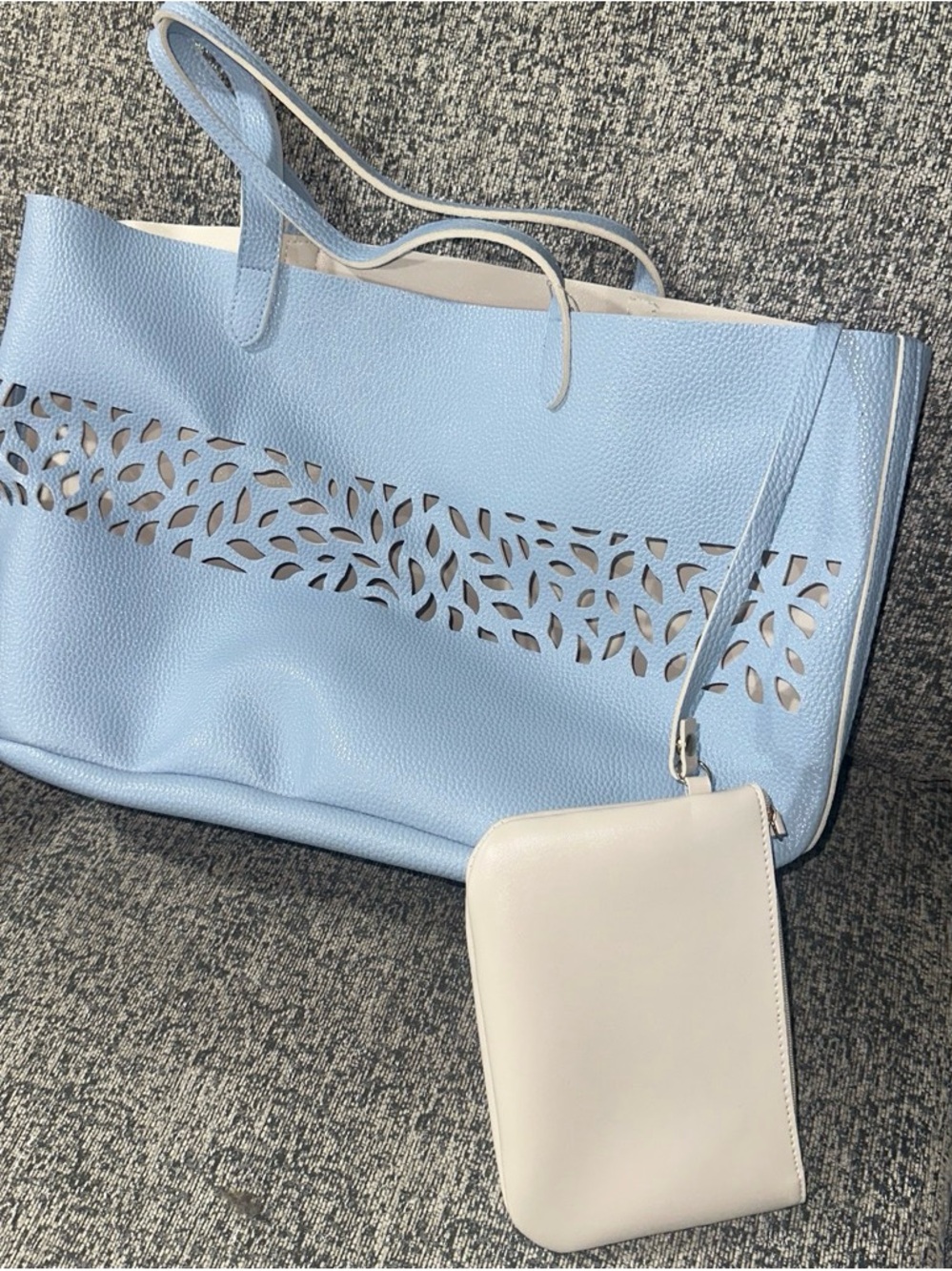 Light Blue Laser-Cut Tote with Cream Pouch